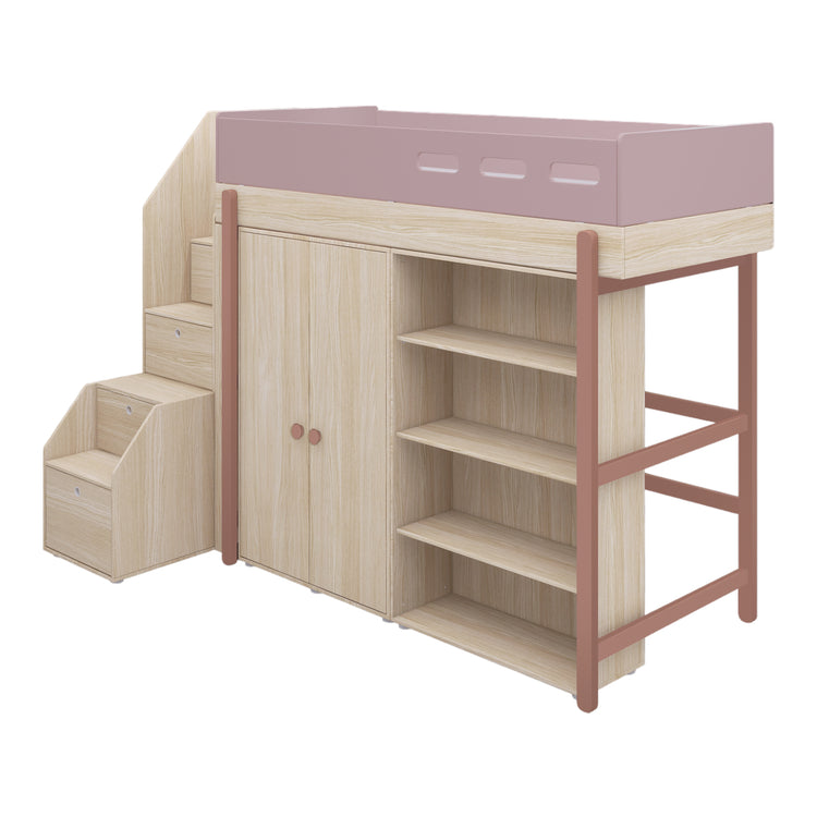 Flexa. Popsicle high bed with staircase and storage - Oak / Cherry