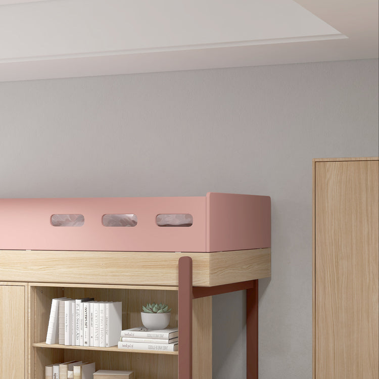 Flexa. Κρεβάτι ψηλό Popsicle με σκαλοπάτια και αποθήκευση - Δρυς /αποχρώσεις ροζ
