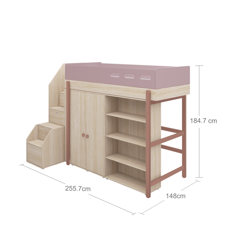 Flexa. Κρεβάτι ψηλό Popsicle με σκαλοπάτια και αποθήκευση - Δρυς /αποχρώσεις ροζ