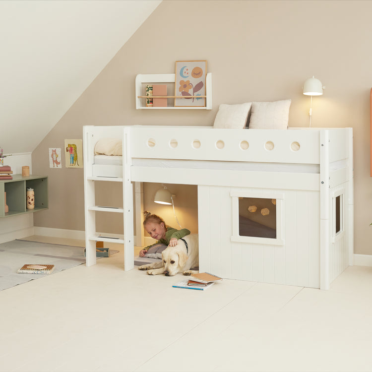 Flexa. White mid-high bed with straight ladder and treehouse bed Fronts - 210cm - White