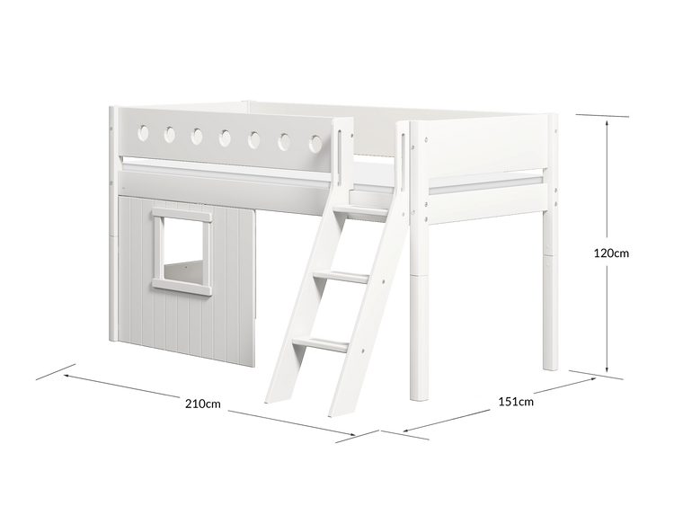 Flexa. Κρεβάτι μεσαίου ύψος White με κεκλιμένη σκάλα και σπιτάκι - 210εκ - Λευκό/ λευκό