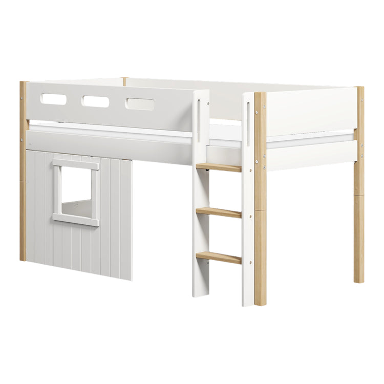 Flexa. Κρεβάτι μεσαίου ύψος Nor με κάθετη σκάλα και σπιτάκι - 210εκ - Λευκό/ δρυς/ λευκό