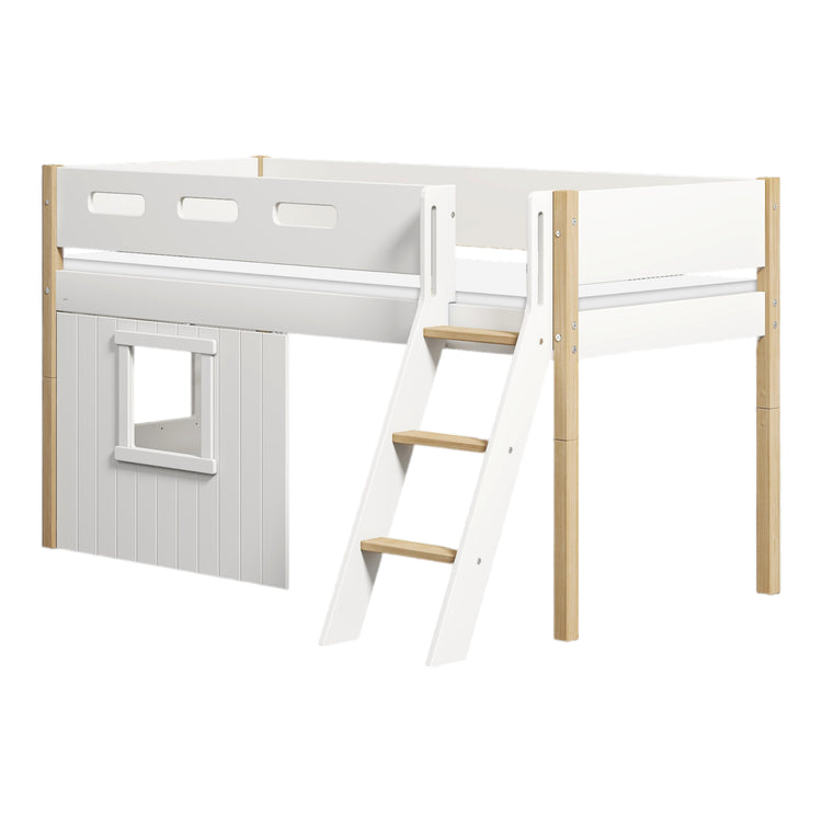 Flexa. Nor mid-high bed with slanting ladder and treehouse bed Fronts - 210cm - White / Oak