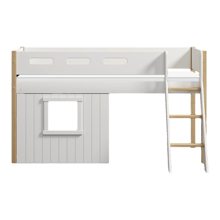 Flexa. Κρεβάτι μεσαίου ύψος Nor με κεκλιμένη σκάλα και σπιτάκι - 210εκ - Λευκό/ δρυς/ λευκό