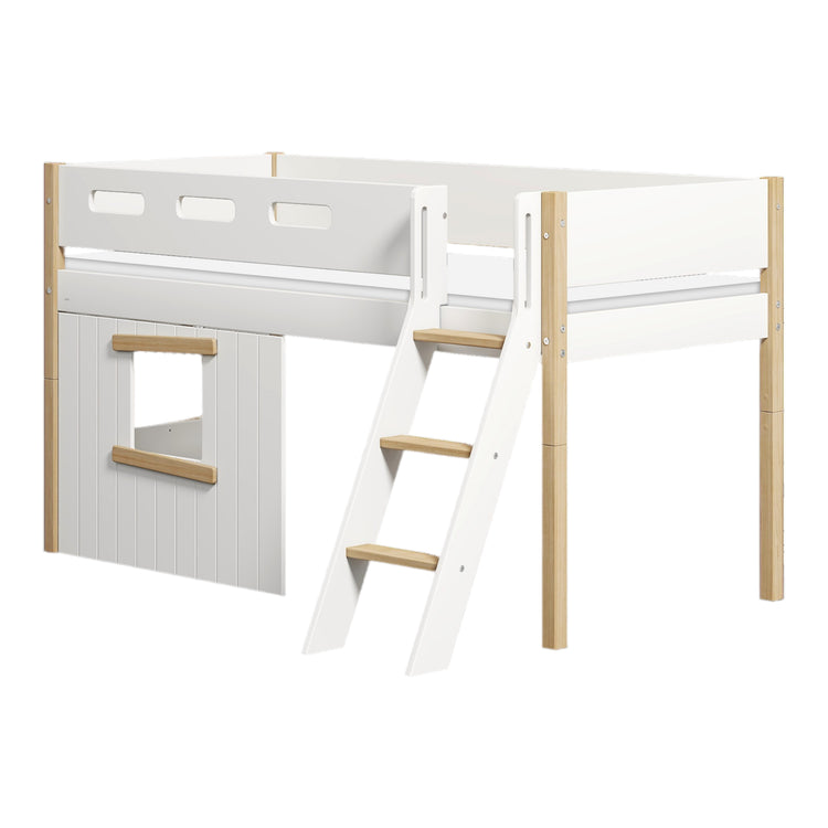 Flexa. Nor mid-high bed with slanting ladder and treehouse bed Fronts - 210cm - White / Oak