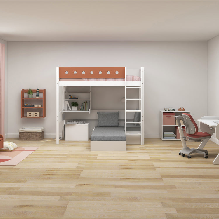 Flexa. Κρεβάτι Casa White με γραφείο, πολυθρόνα και κάθετη σκάλα - 210εκ - Λευκό/ blush