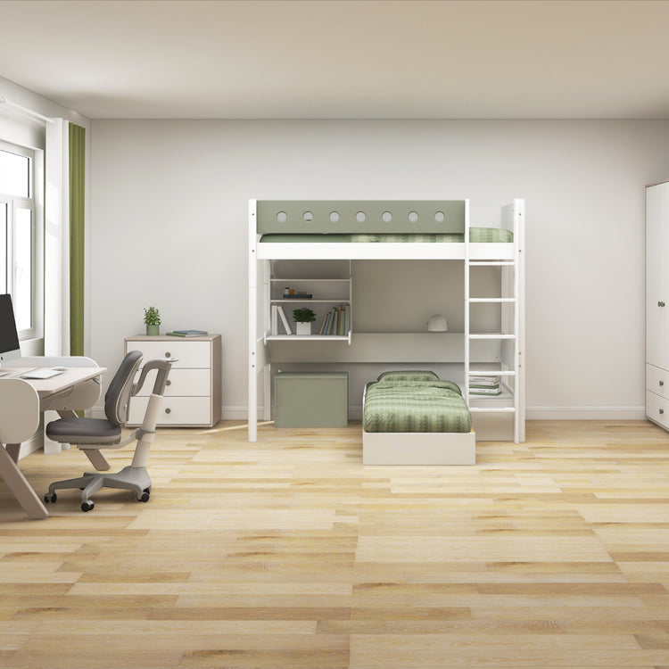 Flexa. Κρεβάτι Casa White με γραφείο, πολυθρόνα και κάθετη σκάλα - 210εκ - Λευκό/ απαλό πράσινο