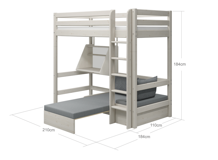 Flexa. Classic high bed with casa module and straight ladder - 210cm - White washed
