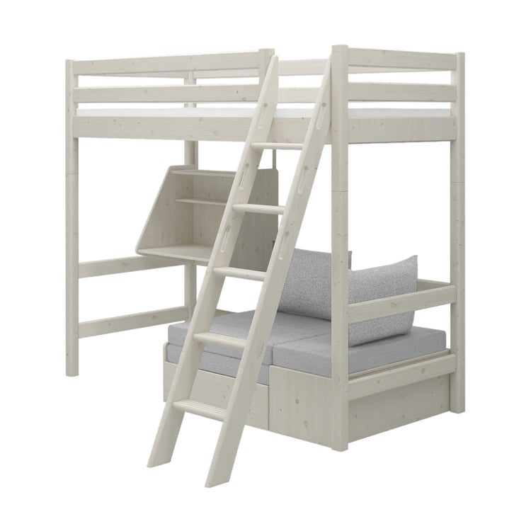 Flexa. Classic high bed with casa module and slanting ladder - 210cm - White washed