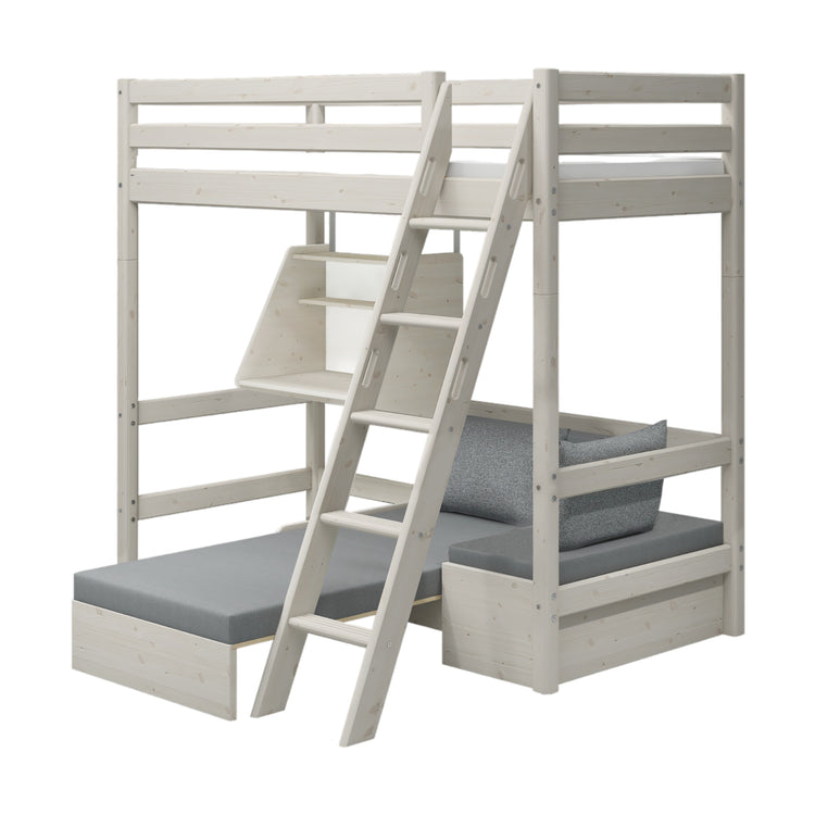 Flexa. Classic high bed with casa module and slanting ladder - 210cm - White washed