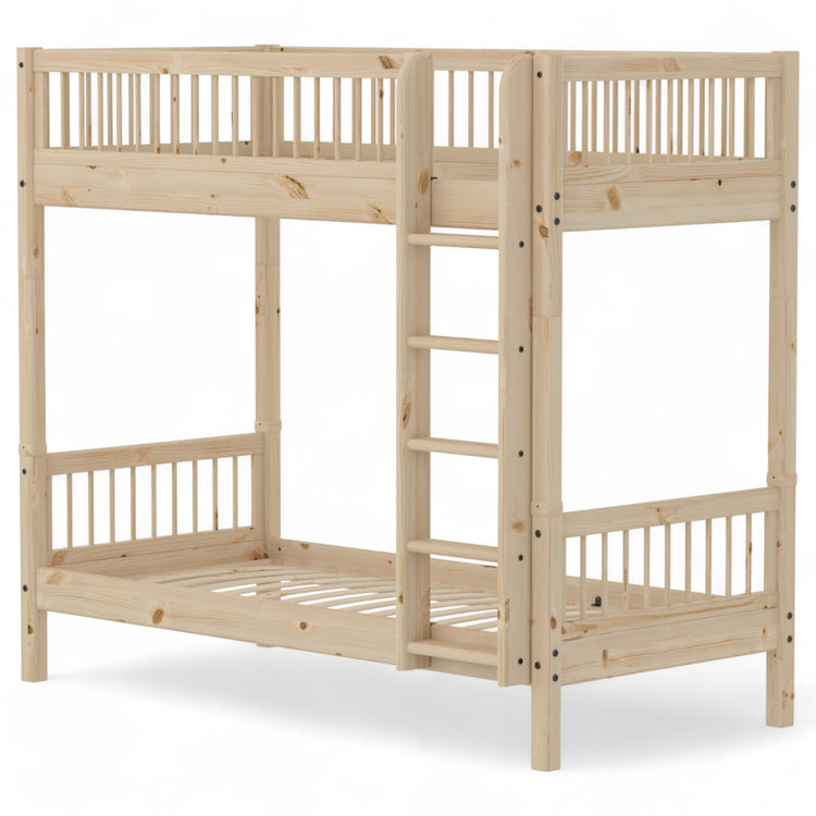 Flexa. CLASSIC bunk bed with extra hight and anti-slip steps and a integrated handled. The ladder has anti-slip steps and can be placed in both ends of the bed. The bed is made of solid pinewood.