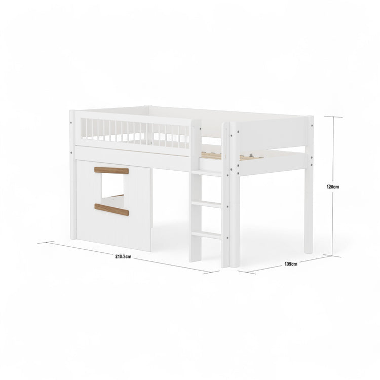 Flexa. Mid sleeper WHITE Crossbar Str. ladder & Tree hut Oak window