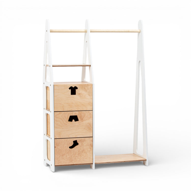 Duck Woodworks. Clothing rack with drawers and clothes shaped handles white