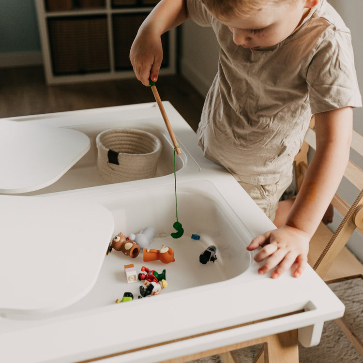 Duck Woodworks. Montessori sensory table with 2 boxes white
