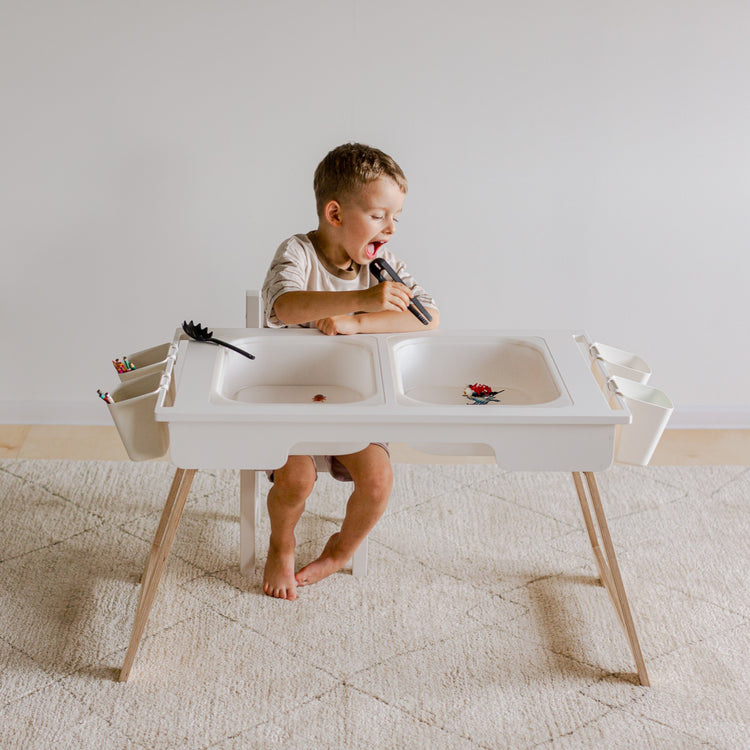 Duck Woodworks. Montessori sensory table with 2 boxes white