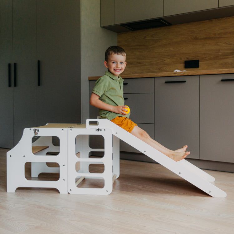 Duck Woodworks. Πολυμορφικός αναδιπλούμενος πύργος εκμάθησης Montessori με τσουλήθρα - λευκό