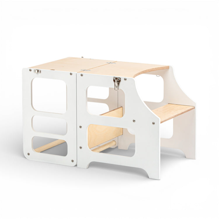 Duck Woodworks. Montessori foldable kitchen tower with slide white