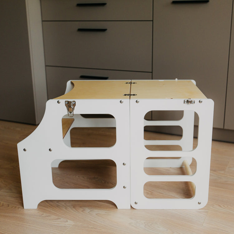 Duck Woodworks. Montessori foldable kitchen tower with slide white