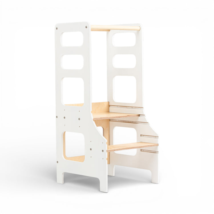 Duck Woodworks. Montessori foldable kitchen tower with slide white