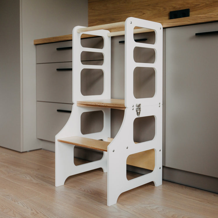 Duck Woodworks. Montessori foldable kitchen tower with slide white