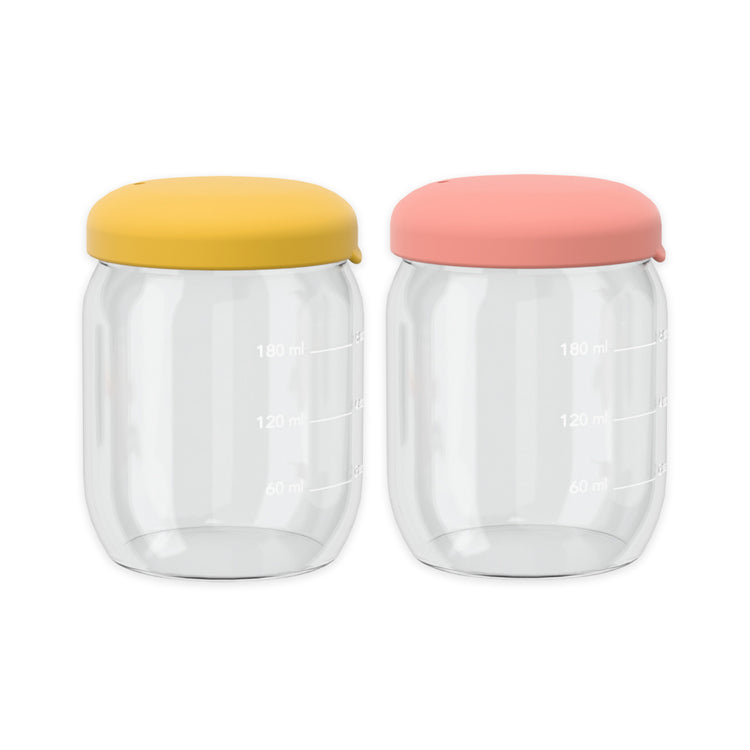 EKOBO. Bambino Food Storage Jar Set in Borosilicate Glass 180 ml - Coral / Mimosa