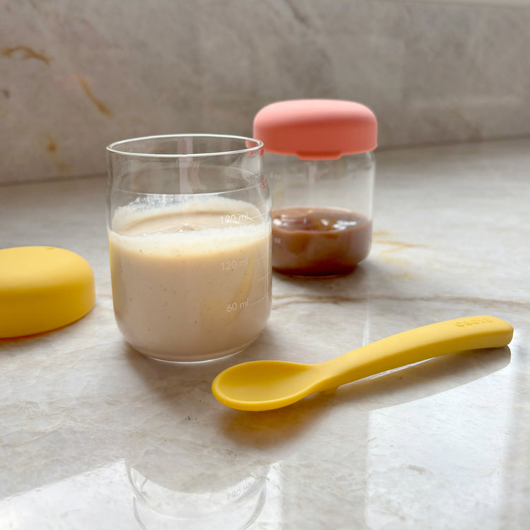 EKOBO. Bambino Food Storage Jar Set in Borosilicate Glass 180 ml - Coral / Mimosa
