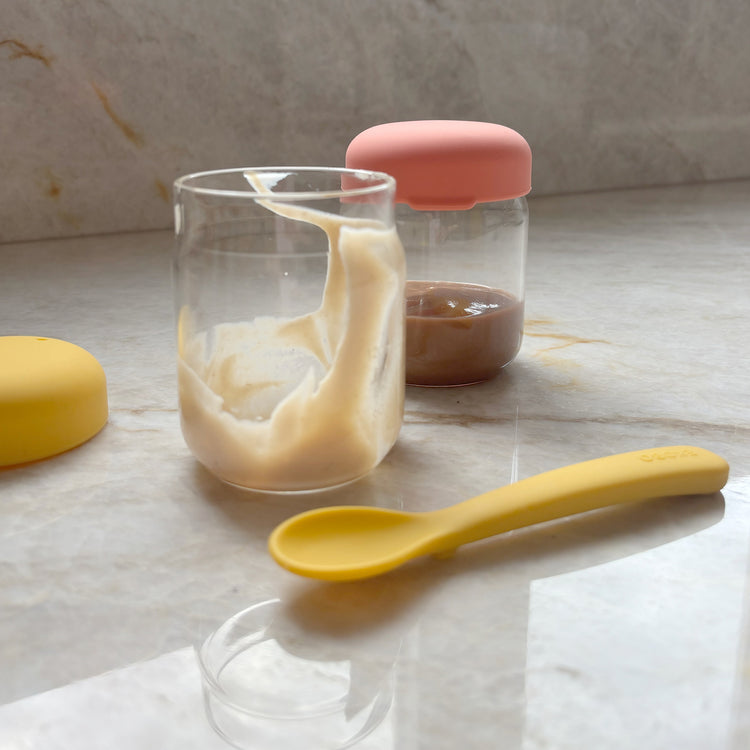 EKOBO. Bambino Food Storage Jar Set in Borosilicate Glass 180 ml - Coral / Mimosa