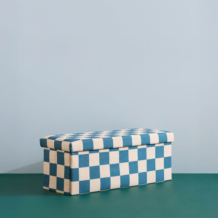 KIDS CONCEPT. Σκαμπό με αποθηκευτικό χώρο  80cm (πετρόλ-λευκό καρό)