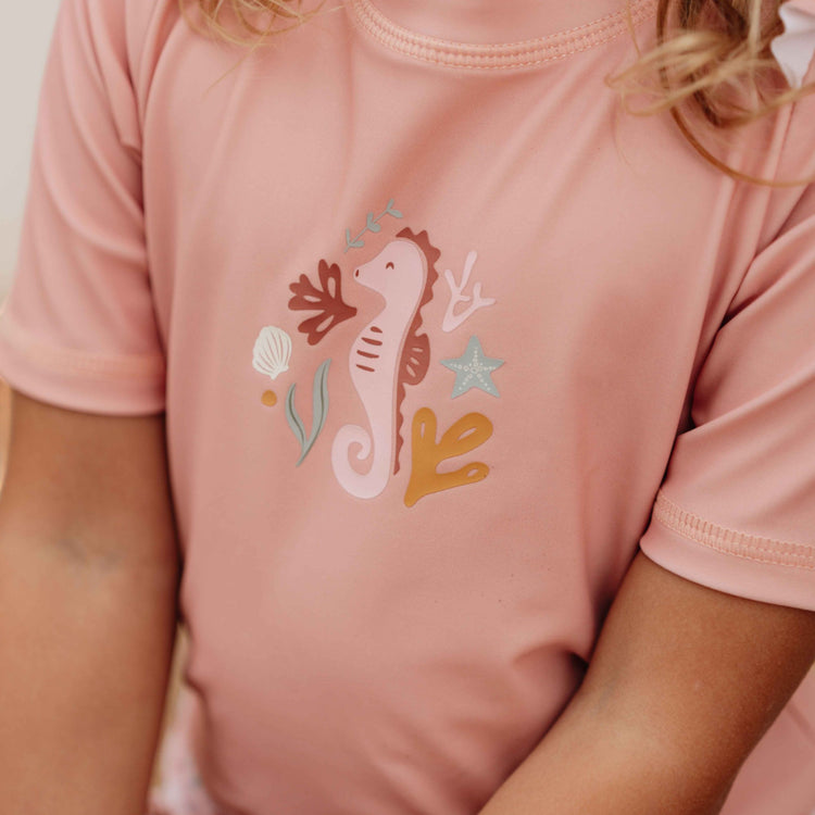 LITTLE DUTCH. Swim T-shirt short sleeves ruffles Seahorse Pink