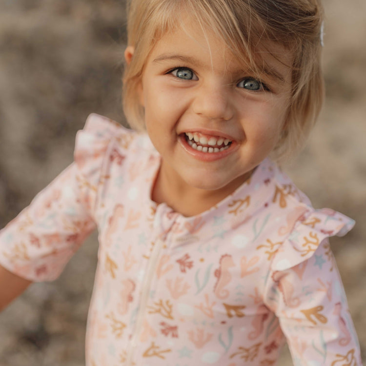 LITTLE DUTCH. Swim T-shirt long sleeves ruffles Ocean Dreams Pink - 98/104