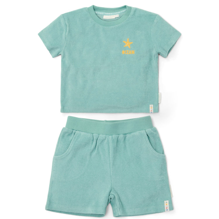 LITTLE DUTCH. T-shirt and Short Seashells and Stripes Surf Blue