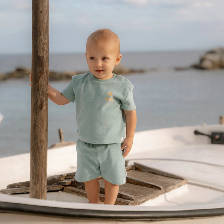LITTLE DUTCH. T-shirt and Short Seashells and Stripes Surf Blue