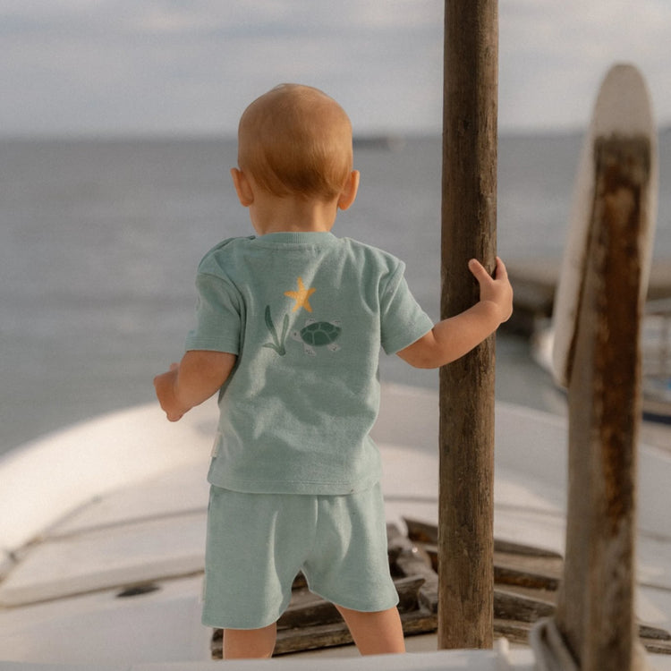 LITTLE DUTCH. T-shirt and Short Seashells and Stripes Surf Blue