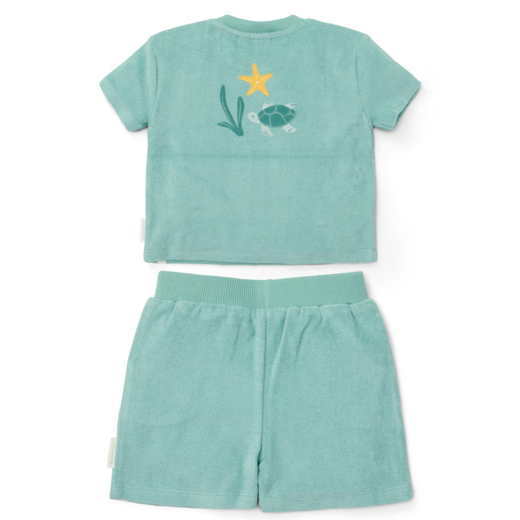 LITTLE DUTCH. T-shirt and Short Seashells and Stripes Surf Blue