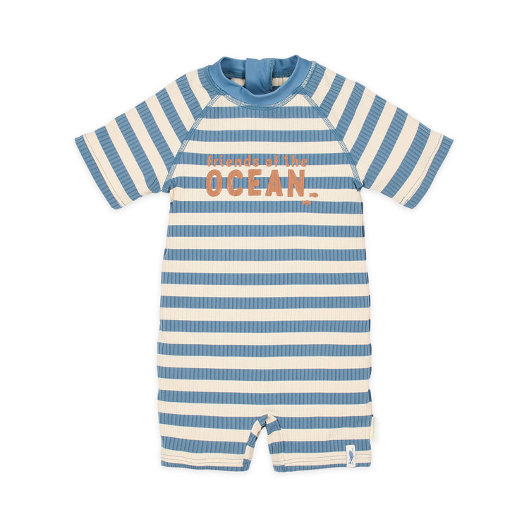LITTLE DUTCH. Short Sleeve Swimsuit Ocean Blue Stripes