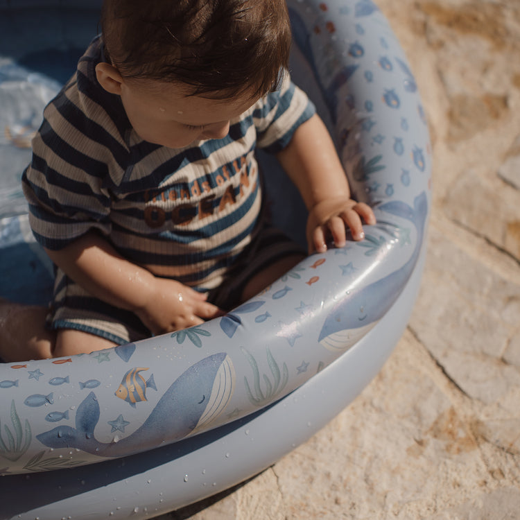 LITTLE DUTCH. Short Sleeve Swimsuit Ocean Blue Stripes