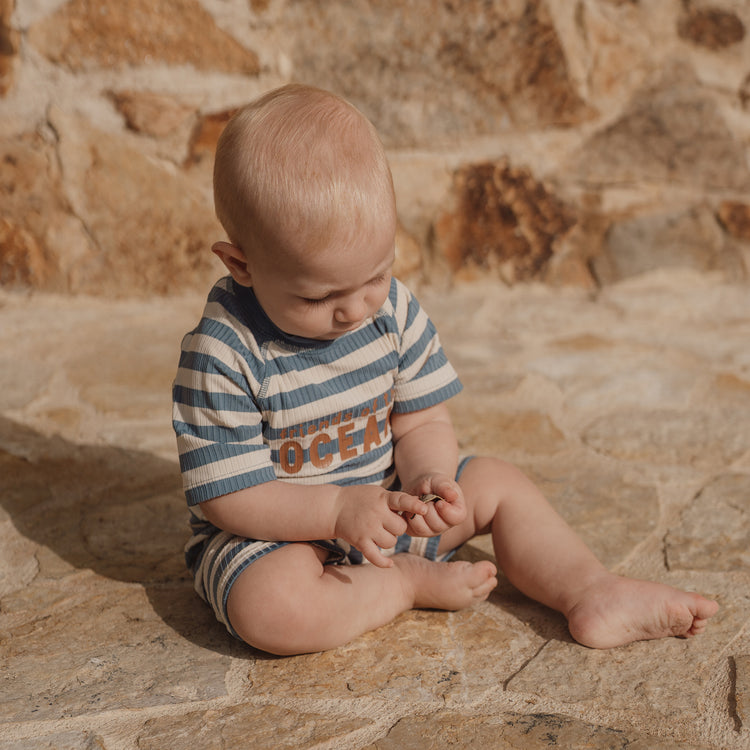 LITTLE DUTCH. Short Sleeve Swimsuit Ocean Blue Stripes
