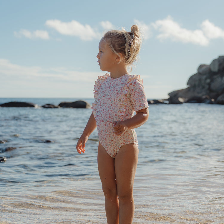 LITTLE DUTCH. Short-Sleeve Swimsuit with Ruffles Dreamy Flowerfield