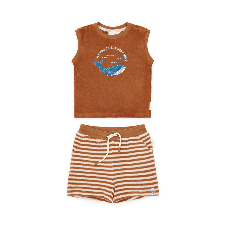 LITTLE DUTCH. Σετ αμάνικο μπλουζάκι και κοντό παντελονάκι πετσετέ Ocean World Brown