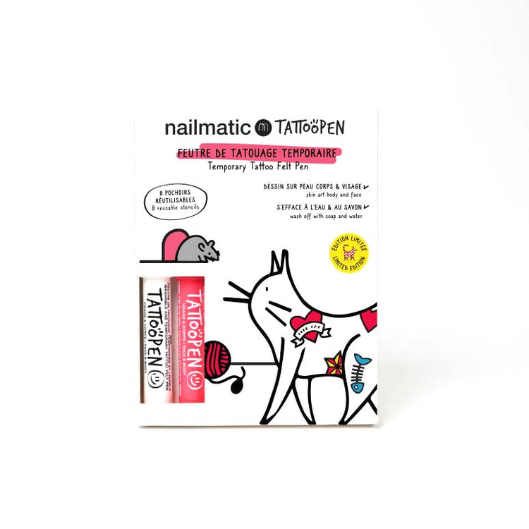 NAILMATIC. Σετ ζωγραφικής δέρματος Tattoopen με στένσιλ The Cat by Ami Imaginaire