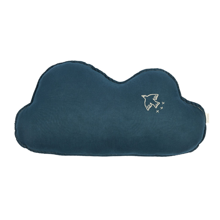 L1N0. Embroidered cloud cushion French linen Deep Blue