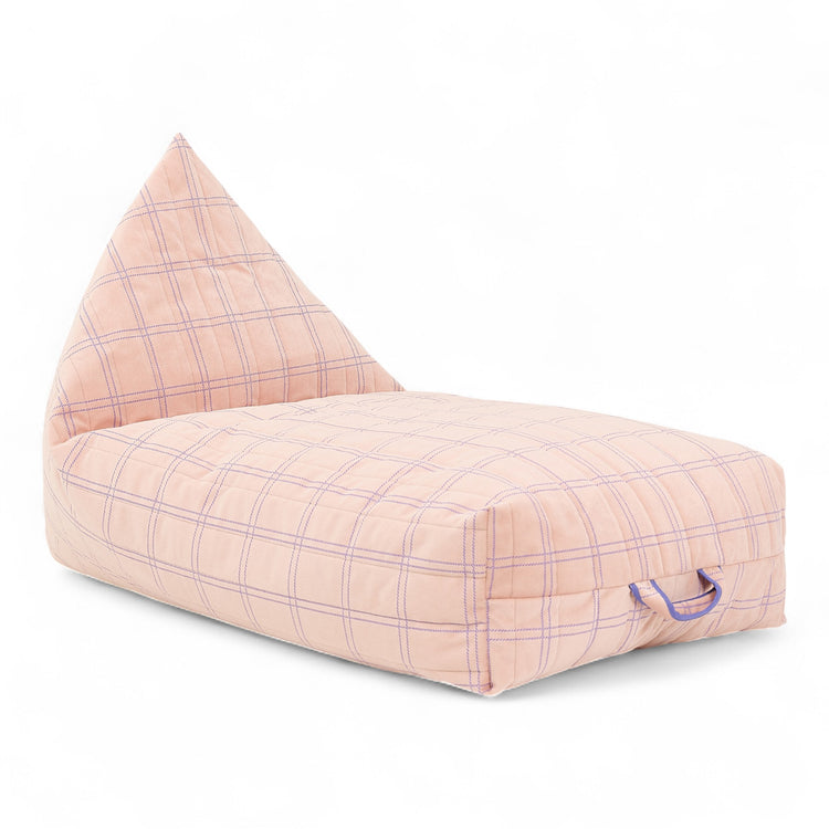 OASIS. Long beanbag - kid size - Eco-velvet Pink purple windowpane