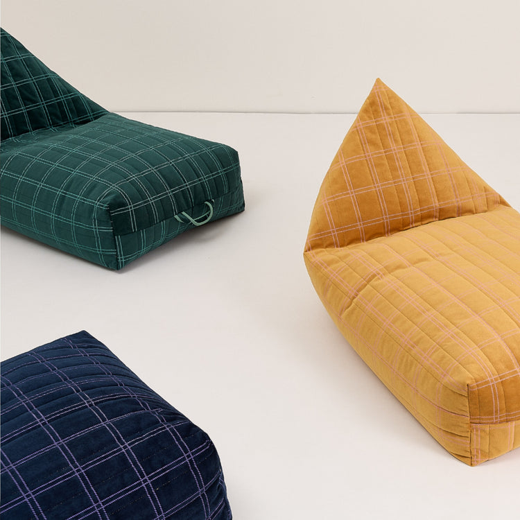 OASIS. Long beanbag - kid size - Eco-velvet Green mint windowpane