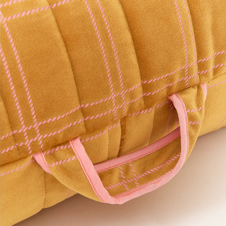 OASIS. Long beanbag - kid size - Eco-velvet Ochre pink windowpane