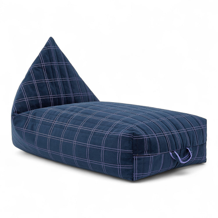 OASIS. Long beanbag - kid size - Eco-velvet Night blue purple windowpane