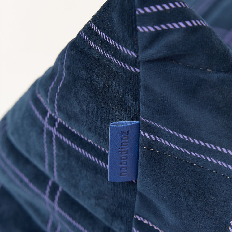 OASIS. Long beanbag - kid size - Eco-velvet Night blue purple windowpane