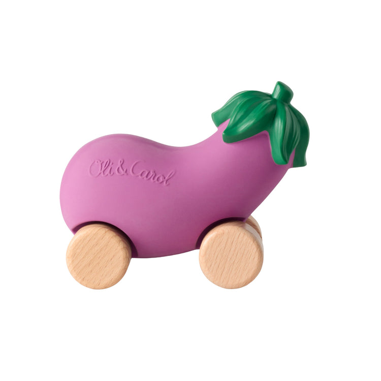 OLI&CAROL. Μασητικό αυτοκινητάκι από φυσικό καουτσούκ με ξύλινες ρόδες Μελιτζάνα
