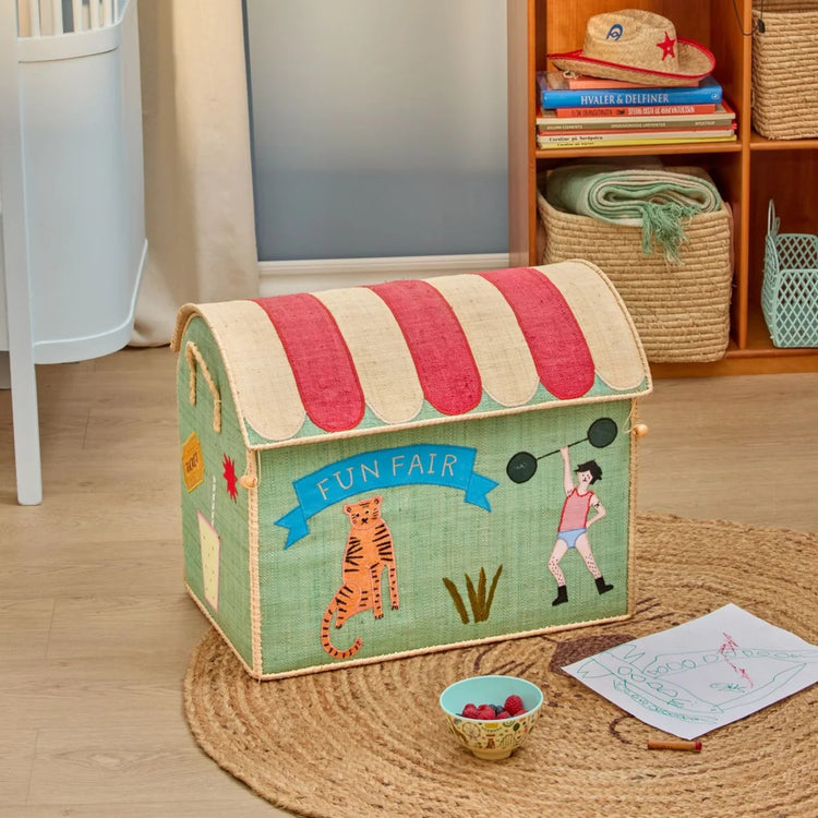 RICE. Large Raffia Toy Basket - Mint Fun Fair Theme