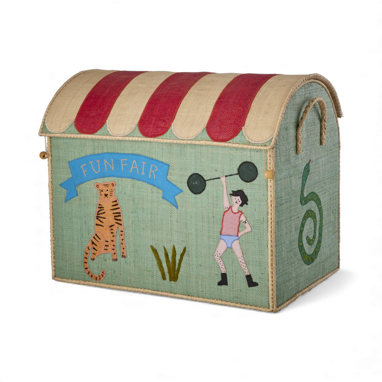 RICE. Large Raffia Toy Basket - Mint Fun Fair Theme