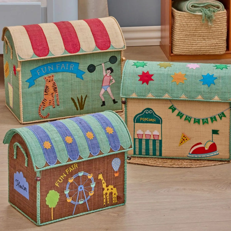RICE. Large Raffia Toy Basket - Mint Fun Fair Theme